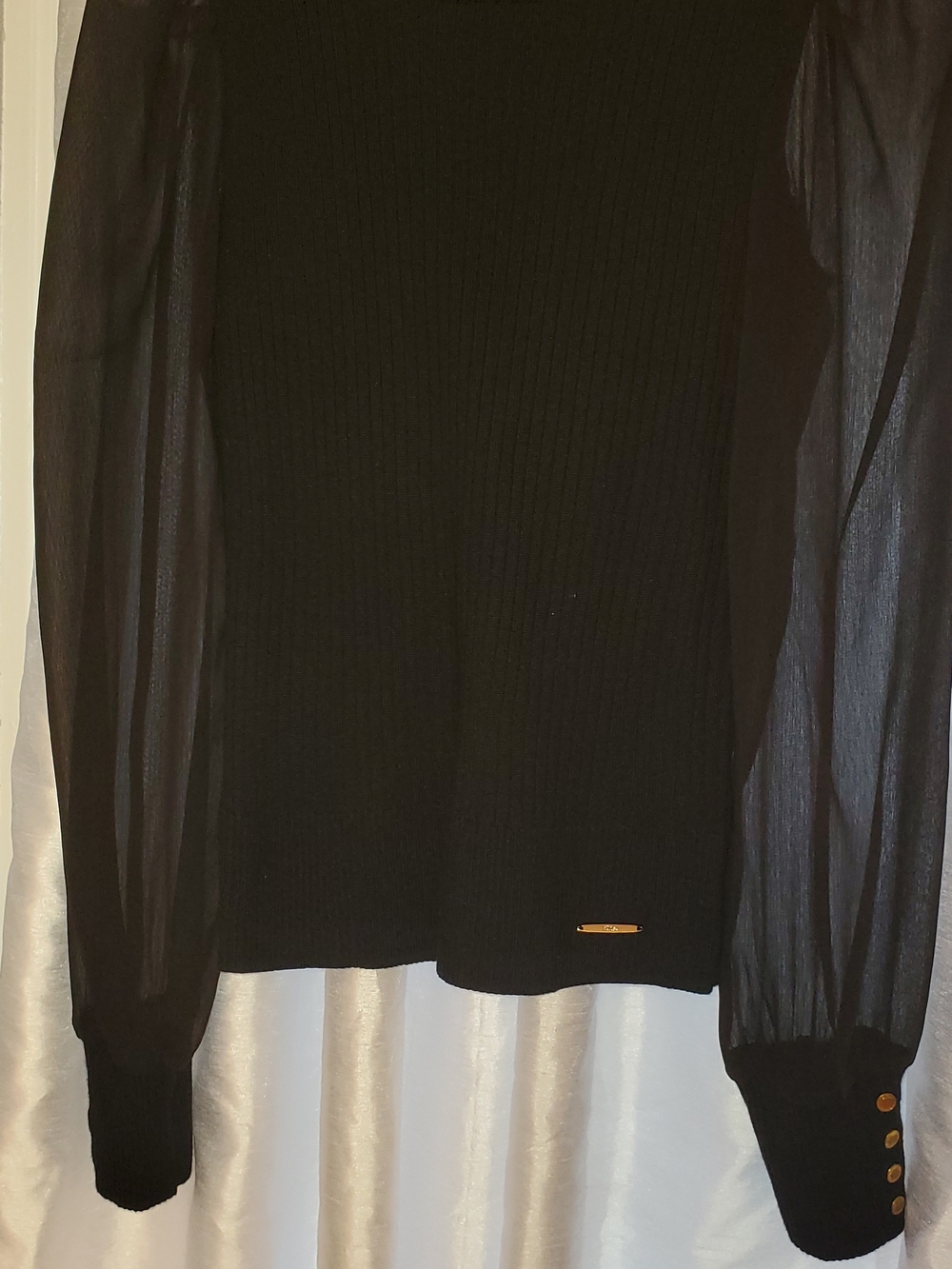 Elie Tahari Black Ribbed Crewneck Sweater with Sheer Long Sleeves